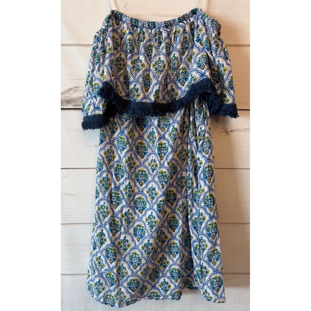 Roberta Roller Rabbit Off Shoulder Cotton Medallion Fringe Dress Blue Green M